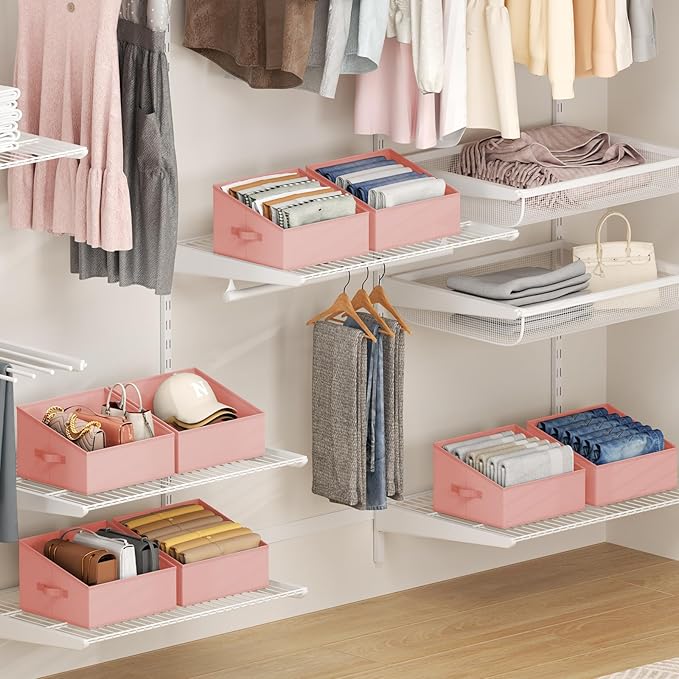 DIMJ Closet Storage Bins - Fabric Storage Baskets for Shelves, Collapsible Clothes Organizer with Handles for Purse, Toys, Books, Towel, Clothes, 6 Pack, Pink