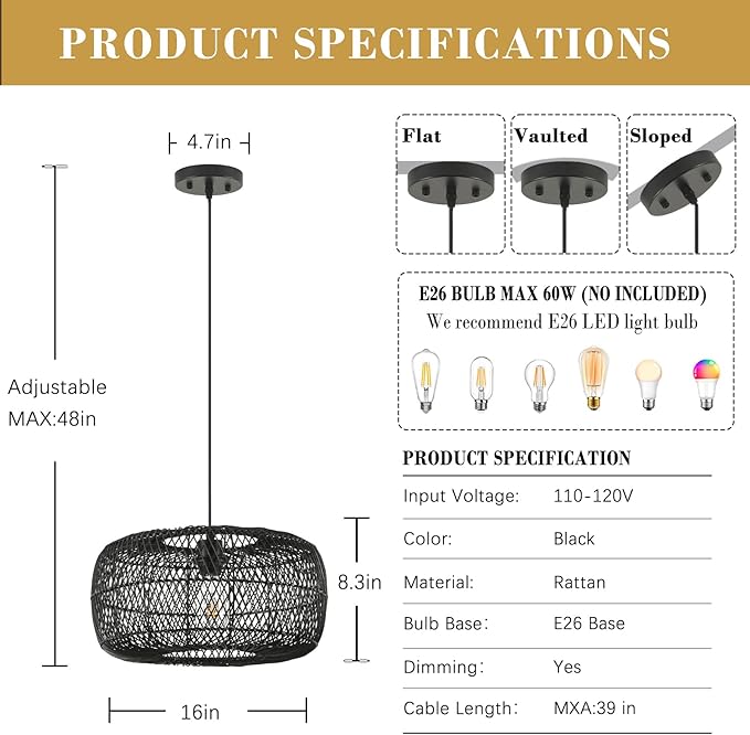 Black Rattan Pendant Light, 16in Drum Wicker Chandelier Hand-Woven Rattan Hanging Lighting Fixture Boho Pendant Lights for Dining Room Kitchen Island Living Room Bedroom Foyer Entrance