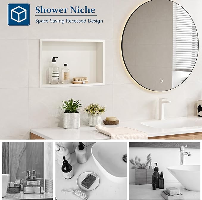 Neodrain 18X12Inch Shower Niche, White Stainless Steel Wall Niche NO Tile Needed Recessed Cabinet Shower for Bathroom Storage