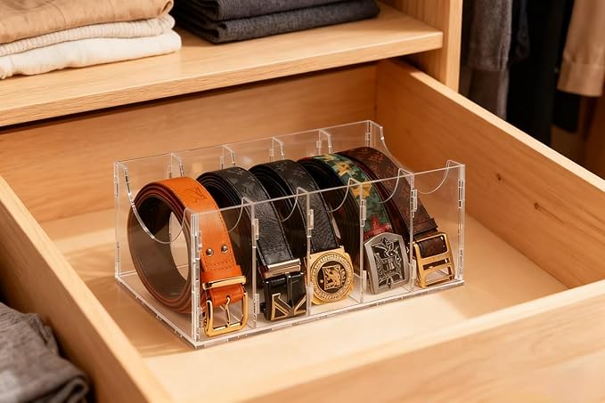 ECOSEAO DIY Belt Organizer, Clear Stackable Belt holder For Closet Drawer Storage - 3 Compartments, Multi-Purpose Display Bins With Inserts For Belts,Ties,Socks