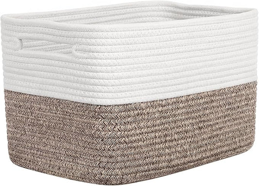 Storage Baskets for Organizing, 14 x 10 x 9” Closet Shelf Woven Baskets, Square Bins with Handles, Cotton Rope Basket for Toys, Clothes, Office, Room, White+Dark brown 1 Pack