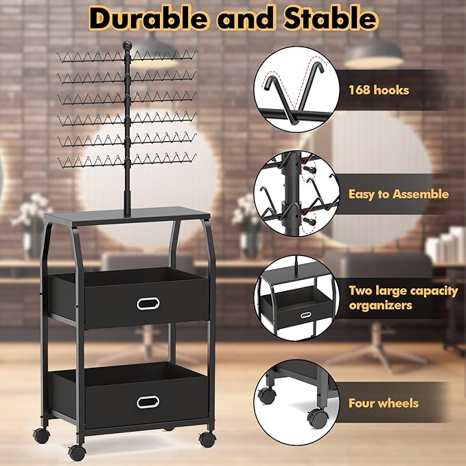 Portable Braiding Hair Rack With Wheels & Storage Drawers,168 Pegs Hair Extension Holder Hanger for Braiding Hair Separator Stand Display,Hair rack with stylist hair braiding tools(black)