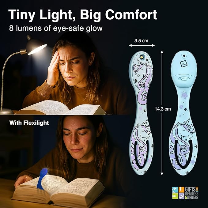 Gifts for Readers & Writers Book Light, Clip On Reading Light for Bed, 2in1 Flexilight & Bookmark, Small & Lightweight with a Soft Glow, 2 Batteries Included, Unicorn