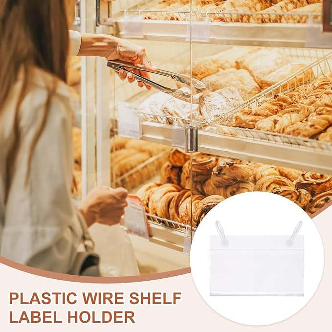 PATIKIL 3.1" x 2.2" Basket Labels Holders, 30 Pack Reusable Plastic Wire Shelf Label Holder Tag Display Clip with Button Lock with Paper Inserts Pens for Home Market Store, Clear