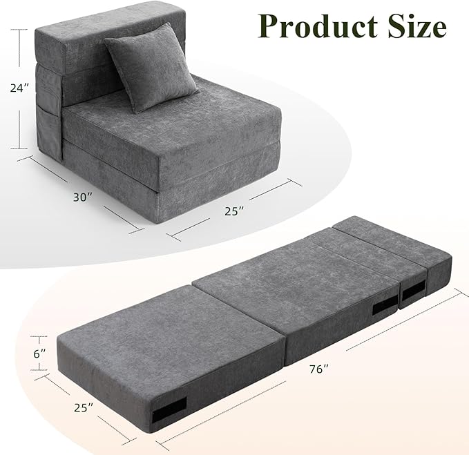 HOMFINE Folding Sofa Bed - Convertible Sleeper Chair with Pillow, Fold Out Couch, Memory Foam Floor Mattress, Futon Couch, Lazy Sofa for Living Room/Dorm/Guest Room/Home Office, Single, Grey