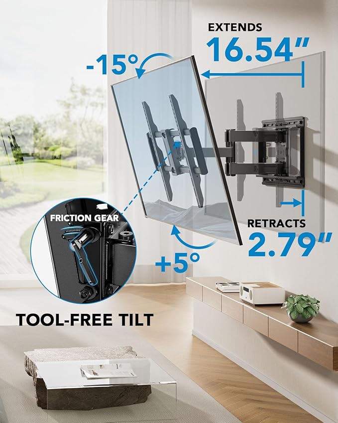 Pipishell Full Motion TV Wall Mount for 42-85 inch Flat Screen LED TV up to 132lbs Swivel Dual Articulating Arms Mount, Tool-Free Tilt Bracket Max VESA 600x400mm, Fits 8” 12” 16" Wood Studs