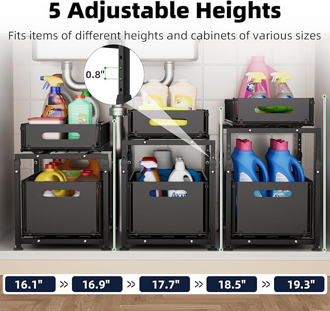 Adjustable height under sink storage organizer with 5-level settings
