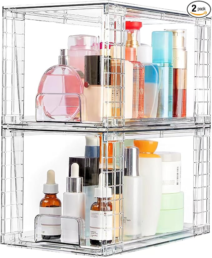 Clear Acrylic Storage Organizer Set, Multi-Purpose Cabinet Bins for Office, Kitchen, Bathroom, Stackable (2)