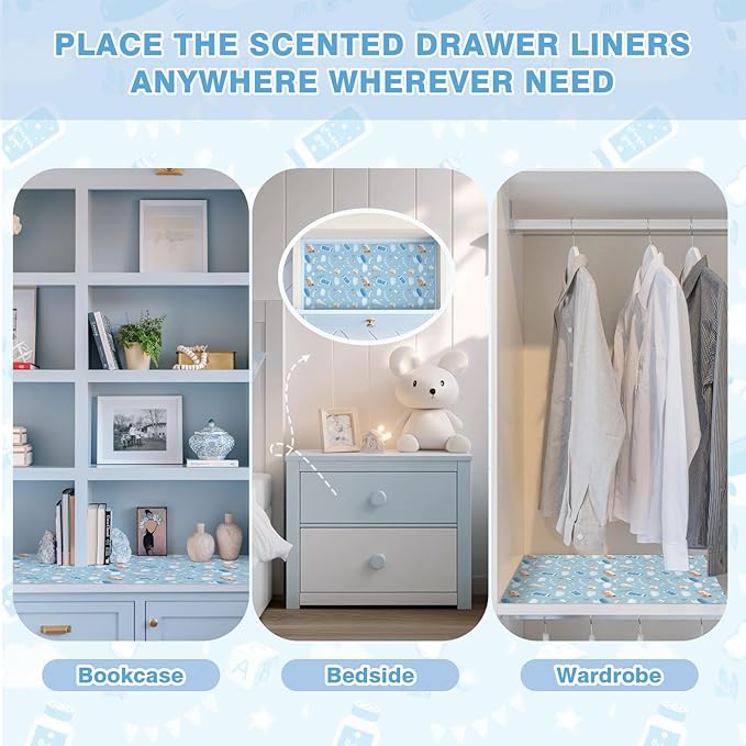 SCENTORINI Scented Drawer Liners for Dresser, 12 Sheets Baby Powder Scent Drawer Paper Liners,14.3x19.5 Inch Scented Paper Sheets for Home Shelf Closet Bedroom Drawers