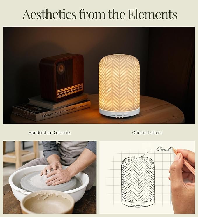 Essential Oil Diffuser - 2.4MHz Ultrasonic Ceramic Diffuser for Home, 120ml, Pulse&Continuous Mist, Bright/Dim/Breathing Lighting, Waterless Auto-Off, Aromatherapy Diffuser with USB Cable