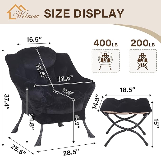 Welnow Lazy Chair with Ottoman, Modern Lounge Accent Chair with Armrests and a Side Pocket, Leisure Sofa Armchair, Reading Armchair with Footrest for Small Space, Plush Black