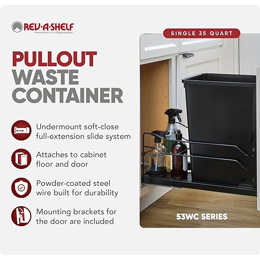 Rev-A-Shelf 35 Qt Pullout Under Cabinet Kitchen Trash Can w/Soft-Close Slides for 15” Base Cabinets, Black, 53WC-1535SCDM-118 - Container Bin for Waste Management
