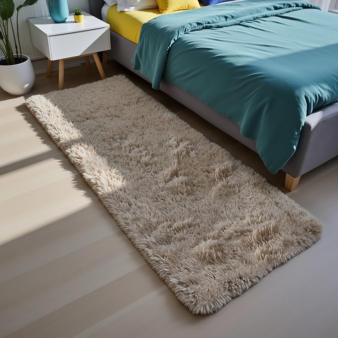 Soft Runner Rugs for Bedroom, Beige 3x7 Area Rugs Fluffy Rug Shaggy Area Rug Carpet, Bedside Rug for Living Room Bedroom Kids Room Home Decor