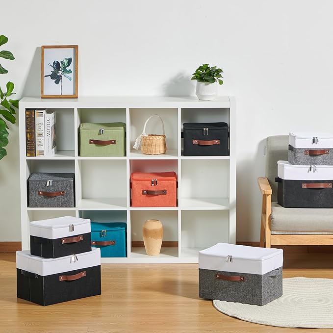 Storage Boxes with Zipper Lid Cotton Linen Fabric Lidded Storage Bins Baskets Foldable Washable Closet Shelf Clothes Organizer Container Faux Leather Handles (Black White, Small)