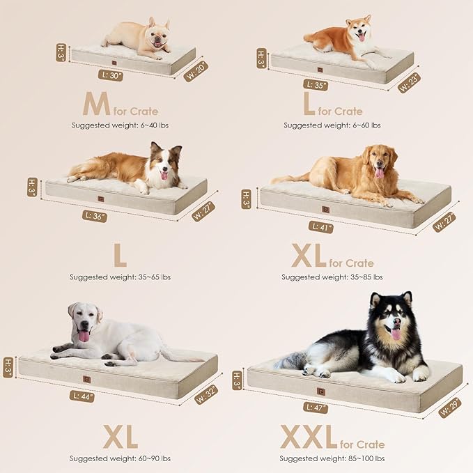 EHEYCIGA Memory Foam Dog Bed Orthopedic 41"x27"，Waterproof Pet Bed for XLarged Dogs ，Washable Pet Mat with Removable Cover, Beige