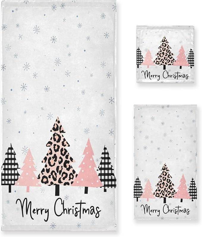 Plaid Pink Christmas Tree Towels Set of 3 Winter Forest Leopard Tree Grey Snowflakes Bathroom Towel Soft Absorbent Bath Hand Towels Washcloth Guest Towel Sets Xmas Holiday Decor