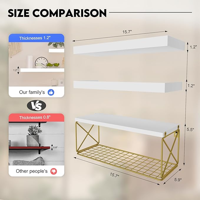 Floating Bathroom Shelves with Wire Storage Basket, Wall Mounted Shelf Over Toilet, 3+1 Tier Wall Decor Small 15.7 Inch Set of 3(White)