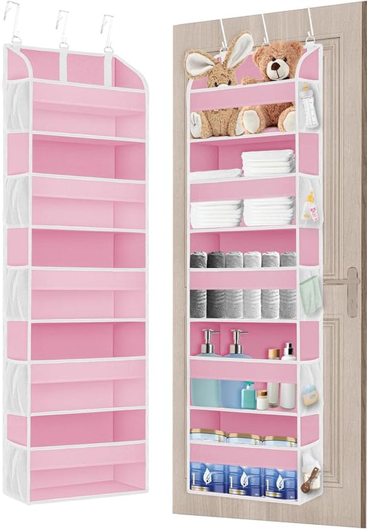 Pink Over the Door Organizer - 5-Tier Hanging Storage with Clear PVC Windows & 10 Mesh Pockets, Cute Closet Organizer for Makeup, Perfume, Toys, Perfect Pink Room Decor for Girl