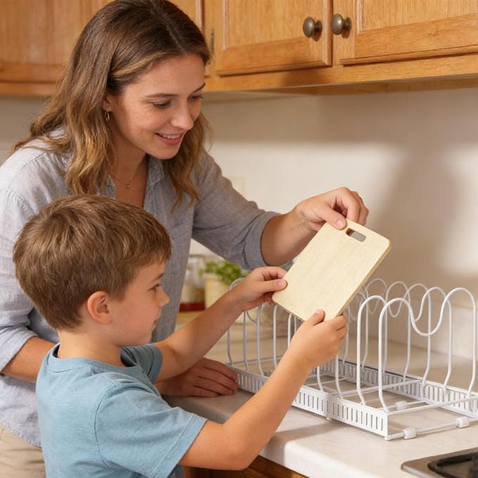 Expandable Pot and Pan Organizer Rack with 10 Adjustable Compartments, White Kitchen Cabinet Organizer for Lid, Bakeware, Cutting Board, Pantry & Countertop Storage
