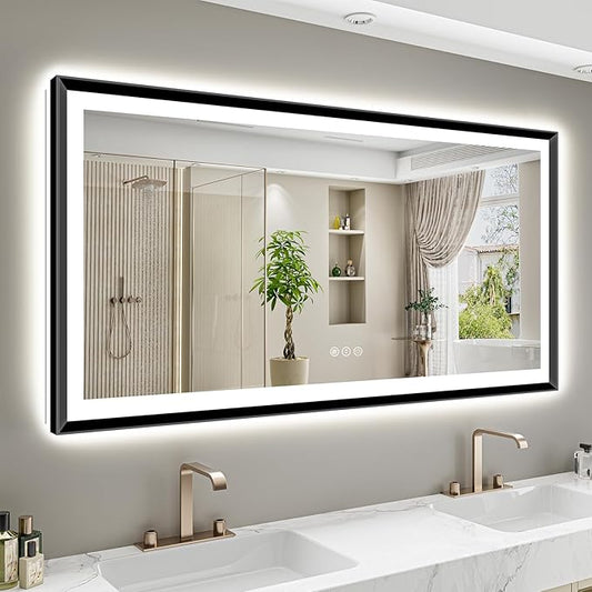 66x36 Black Framed LED Bathroom Mirror with Lights, Backlit and Front Light, Lighted Bathroom Vanity Mirror for Wall Dimmable Anti-Fog Memory Tempered Glass Horizontal/Vertical