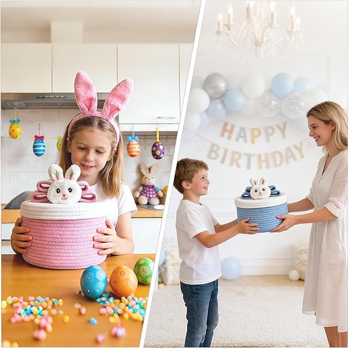 Cute Storage Baskets with Lids, Small Round Woven Rope Basket with Lid, Small Toy Box for Kids, Cat or Dog, Cute Basket for Gift, Toy or Home Decor, Chic Bow Handle (blue)