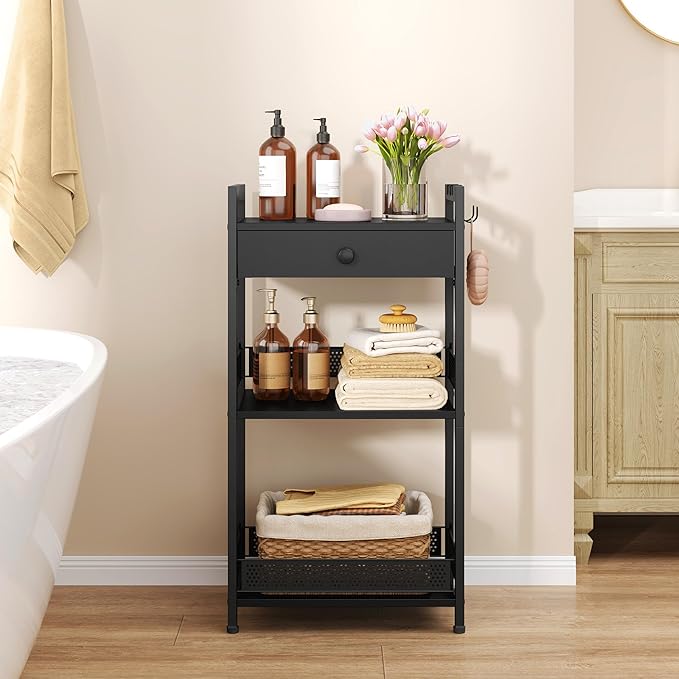 FAVOOSTY Bathroom Ladder Shelf, 3-Tier Bathroom Floor Storage Shelf with Drawer, Freestanding Towel Shelf, Bookcase End Table Open Shelving Unit for Living Room,Balcony, Black