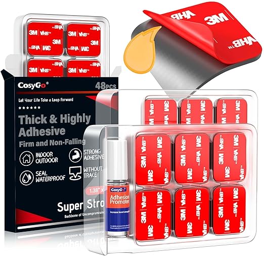 Double Sided Sticky Pads Made of 3M VHB, Heavy Duty Adhesive Squares Waterproof Heat Resistant, Strong Hold Mounting Tape for Crafts Photos Car Home Decor Outdoor Use, 48 Pcs 1.18x1.38 Inch
