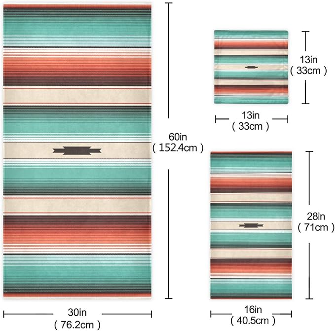 3 Piece Mexican Serape Bath Towel Set,Microfiber Decorative Turquoise Navajo Ethnic Colorful Striped Mexican Bathroom Towels,1 Bath Towel 1 Hand Towel for Bathroom Kitchen,1 Washcloth for Face