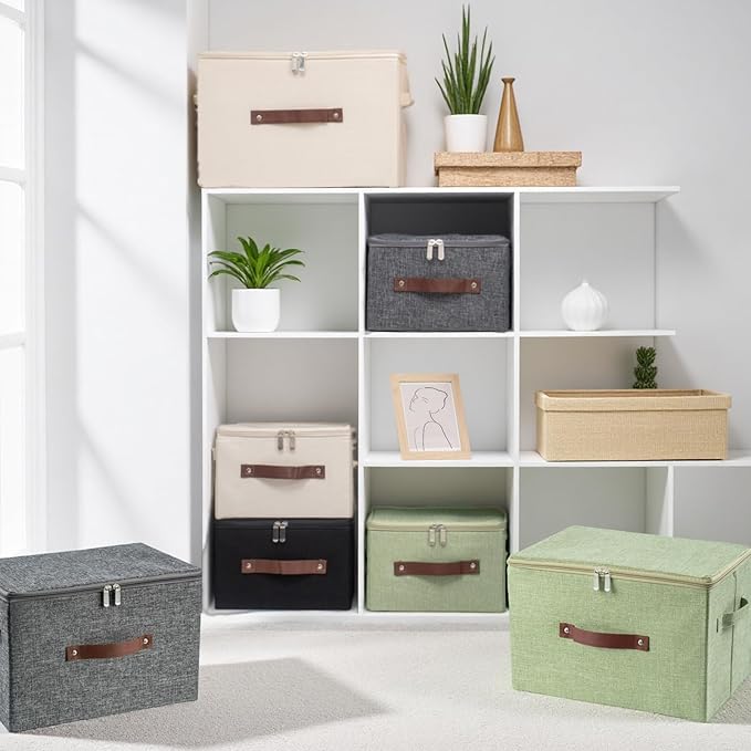 Storage Bins with Zipper Lid Foldable Fabric Lidded Storage Boxes Baskets Cubes Washable Collapsible PU Leather Handle Cotton Linen Fabric Shelf Closet Organizer Container(Black, Large Size)
