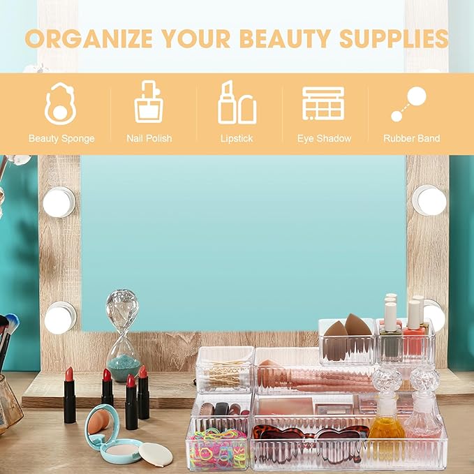 18 Pcs Drawer Organizer Stackable 4 Size Makeup Drawer Organizer Trays Acrylic Bathroom Vanity Storage Bins for Cosmetic, Jewelries, Office Supply, Kitchen Utensils(Clear,Stripes)