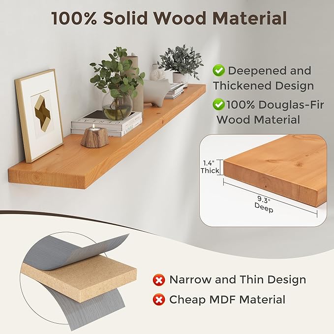 Floating Shelves for Wall, 72"Wx9.3"D USA-Sourced Douglas-Fir Solid Wood Rustic Wall Shelves with Heavy Duty Invisible Bracket, Nursery Book Storage Display Shelf for Bathroom, Set of 1, Natural