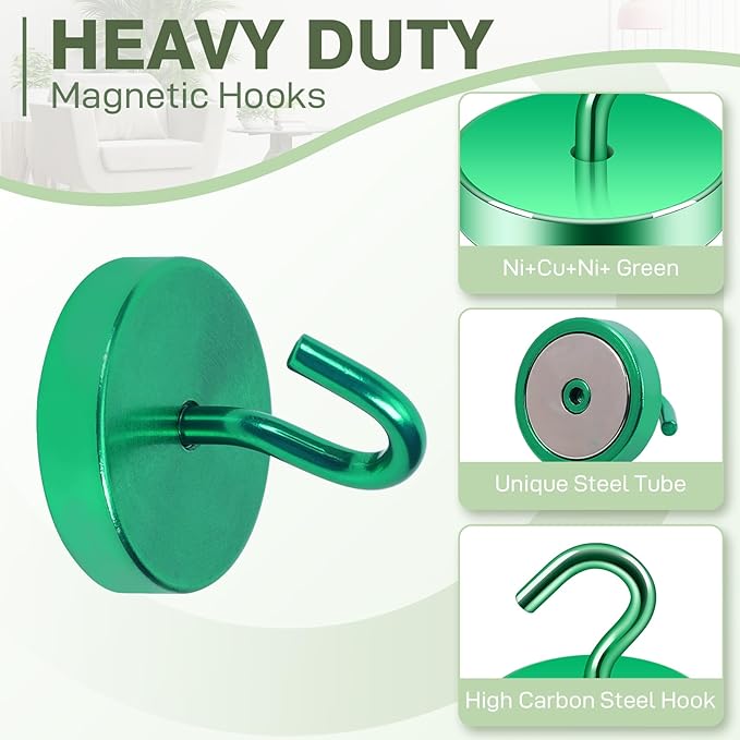 Neosmuk Magnetic Hooks, Cruise Ship Essentials, 10lb+ Heavy Duty Magnetic Hooks for Cruise Cabins, Refrigerator, Grill, Hanging, and Travel | Extra Strong Must-Haves Magnet Hook,Green