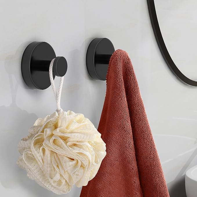 Suction Cup Hooks for Shower, Bathroom, Hanging Towels, Robe, Loofah, Mounting on Glass Shower Doors, Tile, Mirrors, Black, Rubber Suction Cup, 2 Pack