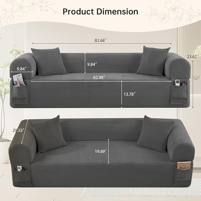 83'' Boneless Sofa in A Box, 3-Seater Floor Sofa No Assembly Corduroy Couch for Living Room, Cloud Couch with 2 Pillows & Storage Bag, Memory Foam Small Floor Couches for Office, Dark Gray