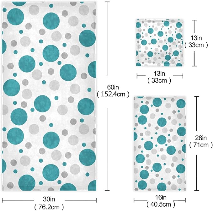 Bath Towels Set,Soft Absorbent Blue Aqua Teal Gray White Polka Dots Abstract Circles Classic Contemporary Design 3 Piece Luxury Bathroom Towels,1 Bath Towel,1 Hand Towel,1 Washcloth for Spa