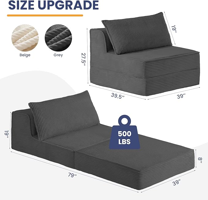 Convertible Sofa Bed, Fold Out Chair with Pillow, Versatile Floor Couch with Back Support, Portable Chair Bed Comfy Floor Lounge Sofa for Living Room Bedroom Guest Room, Grey