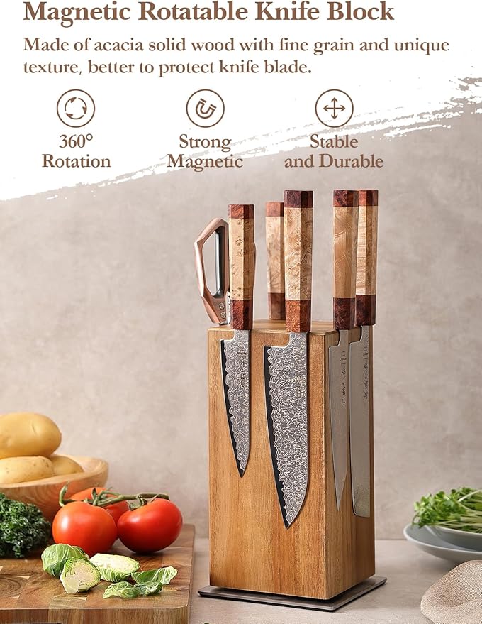 HEZHEN Magnetic Rotating Knife Holder without Knives, Acacia Wood, 360° Knife Block for Kitchen Counter, Space-saving and Larger Capacity Knife Storage, Strong Enhanced Magnets Strip