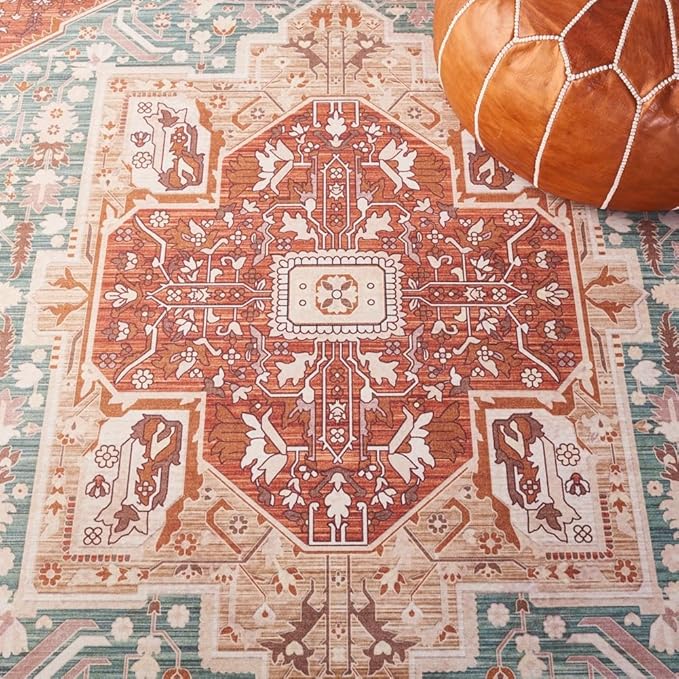 SAFAVIEH Washable Rug Tucson Collection - 2'6" x 4', Aqua & Rust, Slip Resistant & Easy to Clean, Ideal for Living Room, Bedroom, Dining Space (TSN150J)