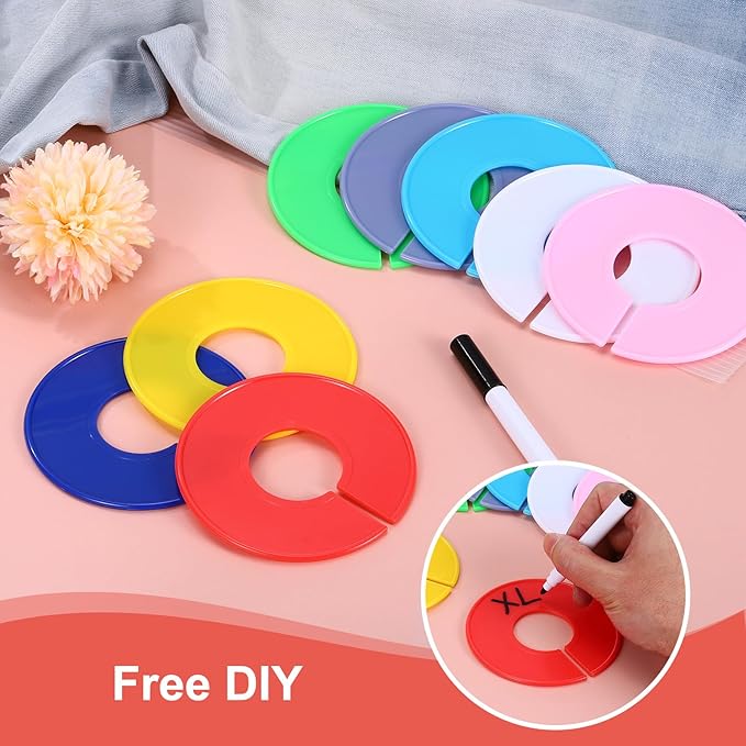 uxcell Clothes Dividers,20 Pack Round Closet Rack Dividers Clothing Rack Size Dividers Blank Labels with Marker Pen Writable & Reusable for Hanging Clothes Sorting Size, Pink