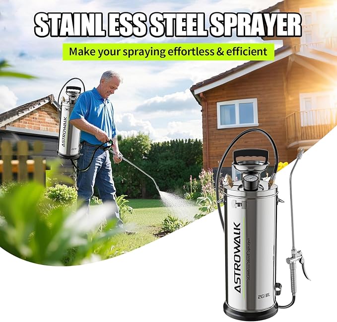 2 Gallon Pump Sprayer, Heavy Duty Stainless Steel Sprayer with 20" All-Steel Wand & 4FT Hose for Commercial, Farm, Solvent & Concrete, Includes Viton Seals and Gloves