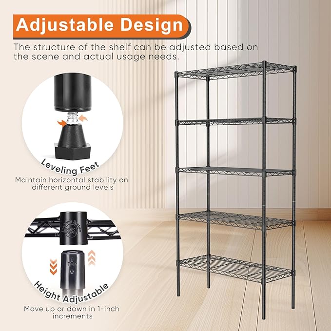 5-Wire Shelving Metal Storage Rack, Adjustable Steel Wire Racks, Heavy Duty Standing Shelf Organizer for Kitchen, Closet, Pantry, Garage, Laundry, Bathroom, Black