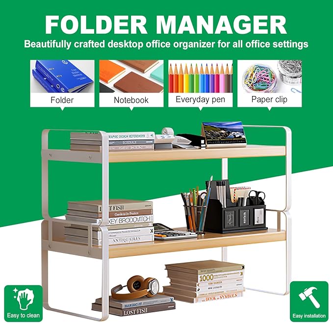 YGYQZ Desk Organizer Shelf，2 Tier Detachable Table Top Bookshelf, Freestanding Display Shelf for Office, Dormitory, Home,White+Wood