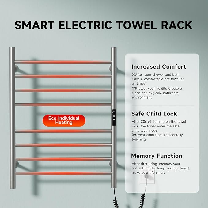 Wall Towel Warmer Rack for Bathroom - 8 bar Heated Towel Rack Timer and LED Indicator for Bathroom, Wall Mounted Electric Towel Rack, Stainless Steel Brushed, Plug-in