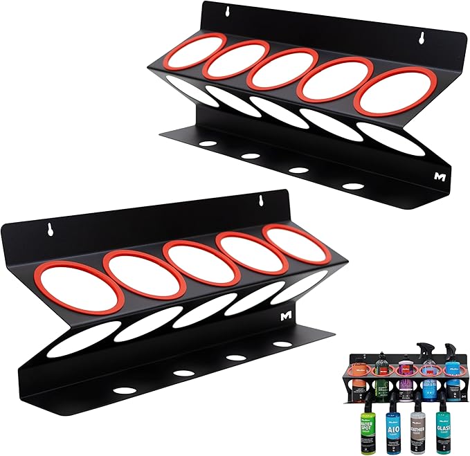 Universal Detailing Spray Bottle Holder (2-Pack) – Mobile Detailing & Car Garage Organizer, Holds 5 Bottles (16/32oz) with 4 Small Holes – Lightweight Design, Easy Wall Mounting