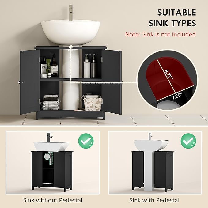 kleankin 23.5" Pedestal Sink Storage Cabinet, Freestanding Bathroom Under Sink Cabinet with U-Shape Cut-Out and Adjustable Shelf, Black