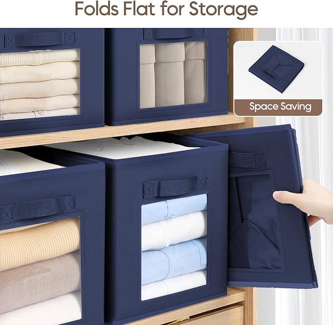 Storage Cube 11 Inch - Cube Storage Bins with Window, Closet Storage Baskets with Handle, Fabric Bins for Closet, Shelves, Toys, Clothes, Set of 6, Navy Blue