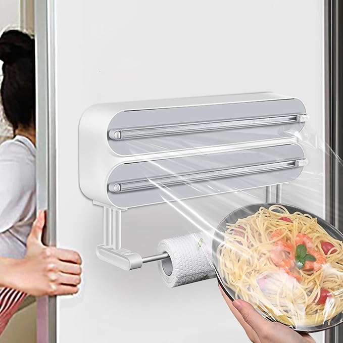 3 in 1 Plastic Wrap Dispenser with Cutter，Magnetic Aluminum Foil and Adhesive Film Organizer, Wall Mount Kitchen Wrap Organizer, Cling Wrap Dispenser with Paper Towel Holder and Cutter