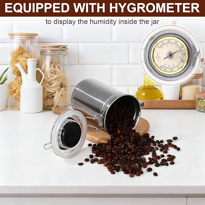 3 Pcs 34 oz Stainless Steel Container with Hygrometer & Humidifier Kitchen Food Storage Jar with Sealed Lid Airtight Coffee Canister for Coffee Bean, Tea, Candy, Snacks, Cereal Storage