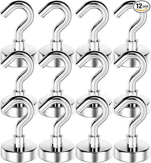 Magnetic Hooks Heavy Duty, 80 lbs Strong Hooks for Hanging, Magnet with Hook for Cruise, Grill, Fridge, Pack of 12, Silver