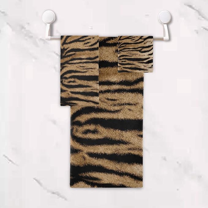 3 Piece Tiger Skin Print Bath Towel Set,Microfiber Absorbent Brown Black Striped Animal Tiger Decorative Bathroom Towels,1 Bath Towel 1 Hand Towel for Bathroom Kitchen,1 Washcloth for Face